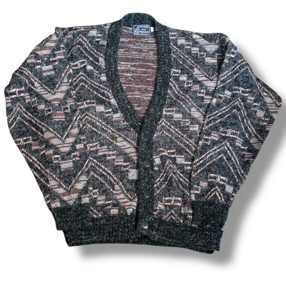 Vintage 80s Cardigan Sweater Oversized Knitted Geometric Pattern Black Brown